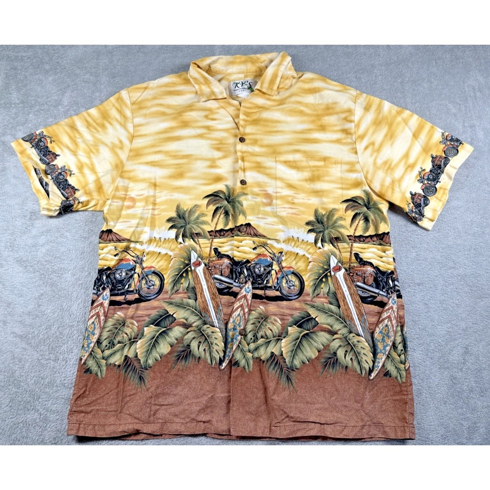 Vintage Ky's Made In Hawaii Men's Motorcycle Print Hawaiian Shirt Yellow Size XL